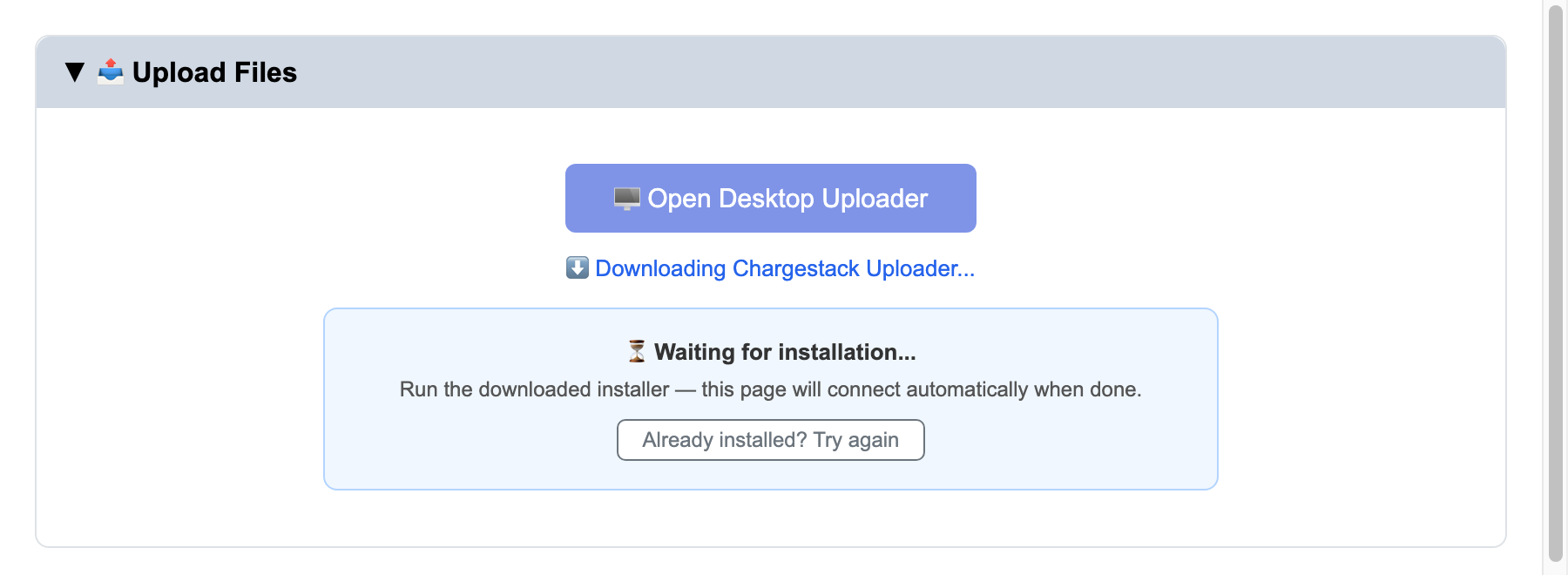 First time, the installer downloads automatically — run it, and the page connects on its own.