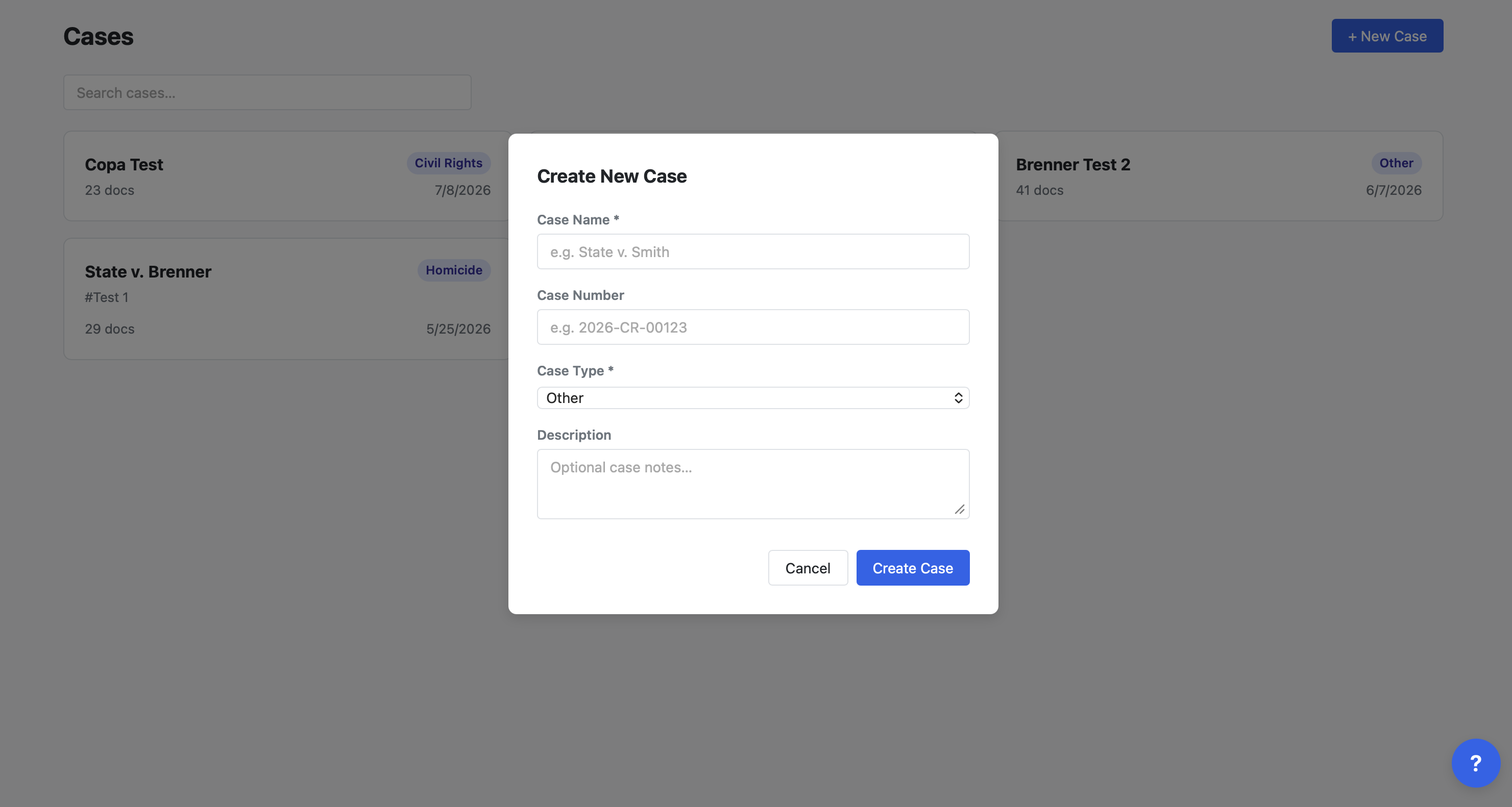 From your case list, create a new case and give it a name.