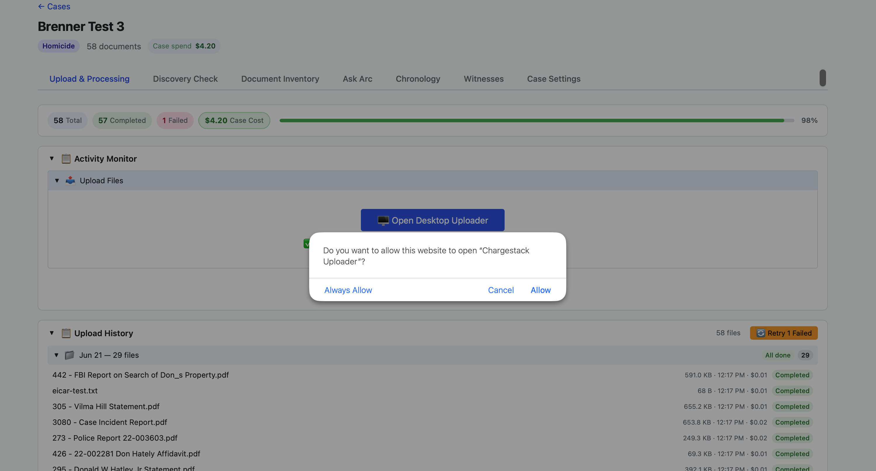 Inside the case, click “Open Desktop Uploader” — then allow your browser to open the app.