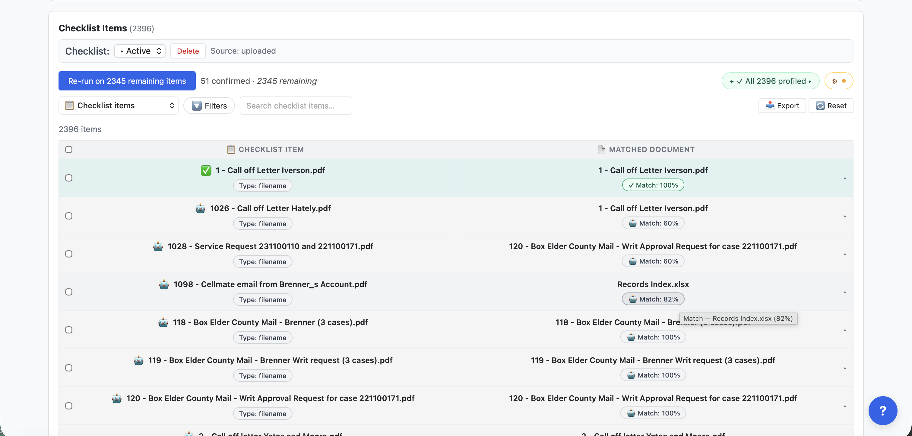 Discovery Check — each item matched to documents. Confirm a match, mark “No Match” or “N/A,” and filter to what's left.