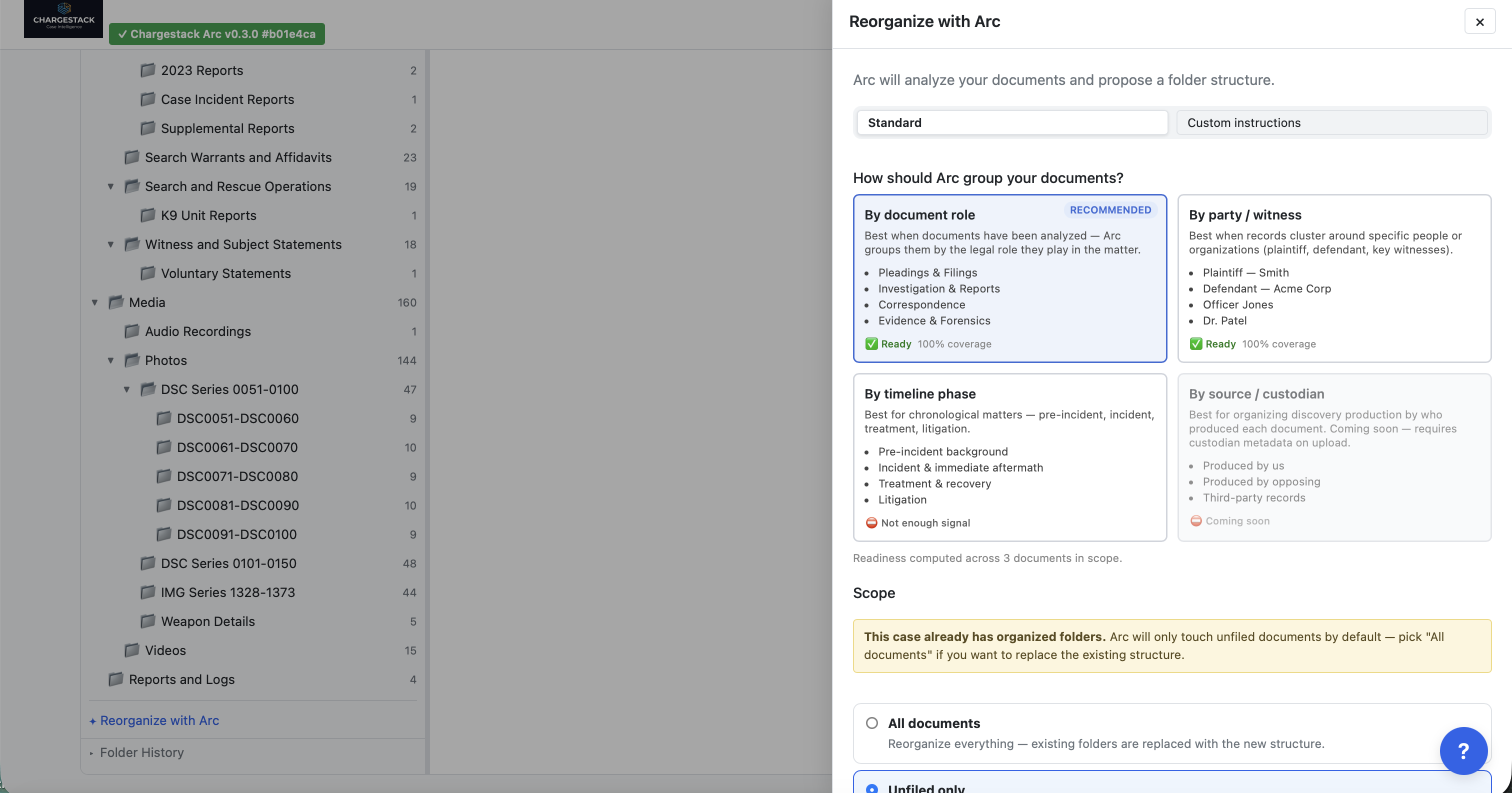 Arc's proposed organization — review the grouping, then click Accept.