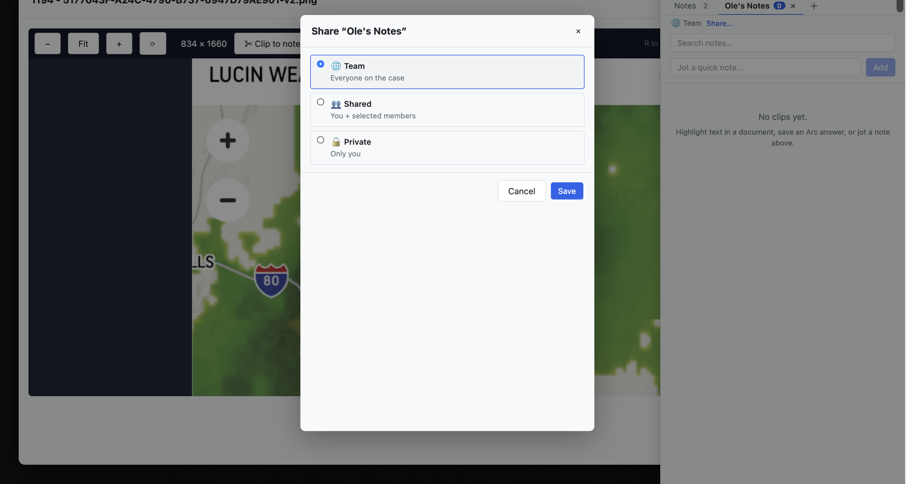 Notebooks, tags, and per-notebook sharing — Private, Shared, or the whole team.