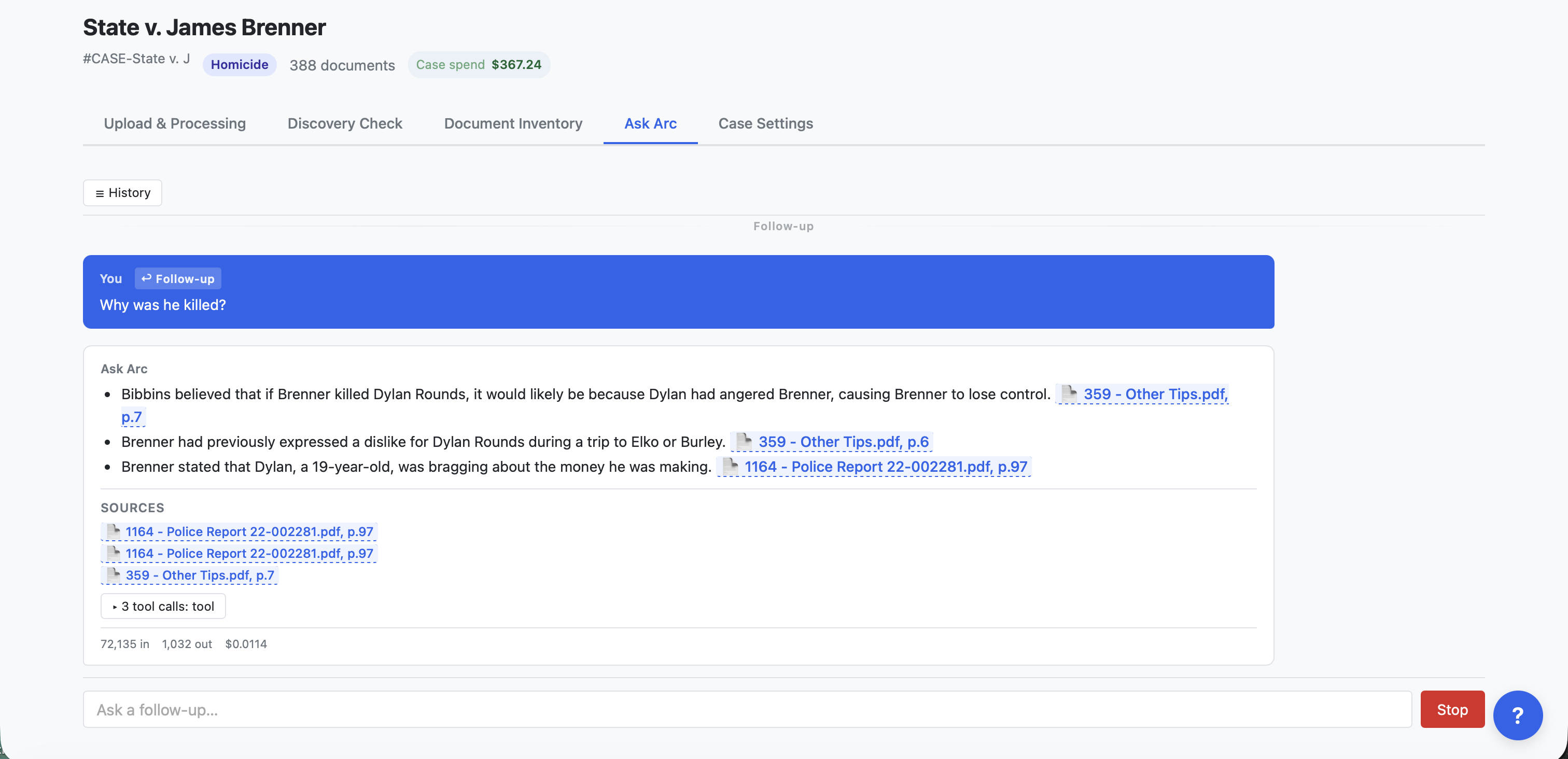An Ask Arc answer with citations — click any source to land on the exact passage.