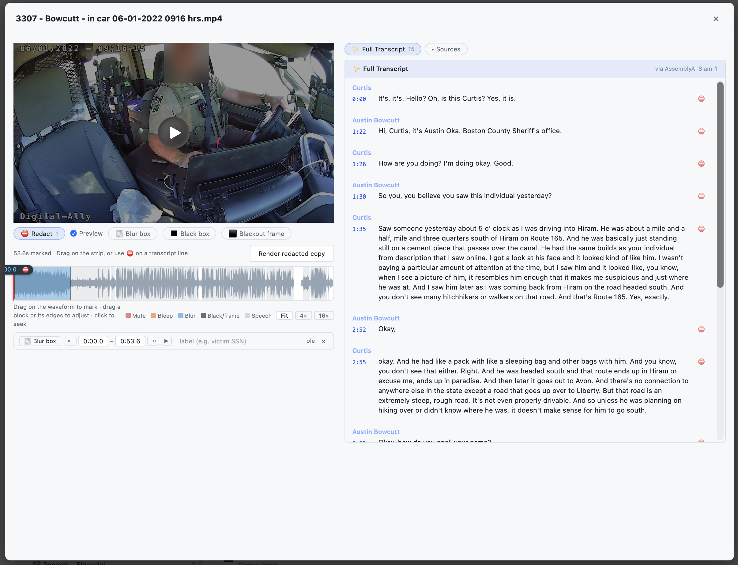 Marking a moment to redact on a video, then applying it.
