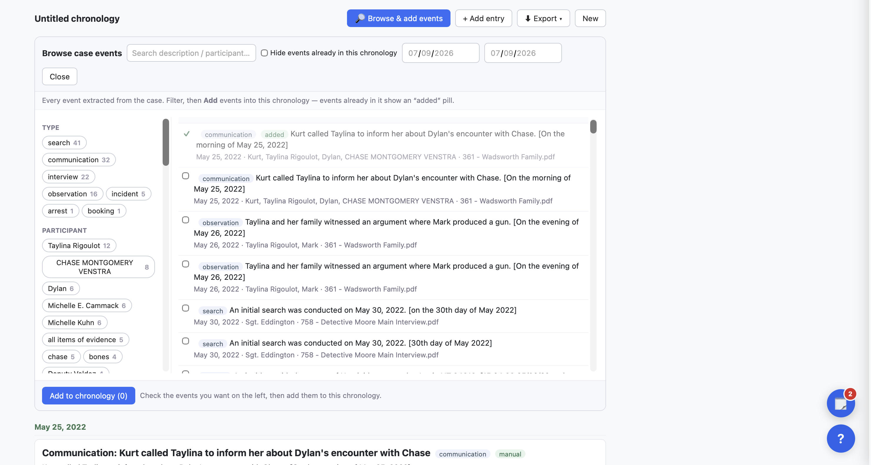 ChargeStack Arc — Chronology builder: extracted case events filtered by type and participant, selected events added to a dated, citation-backed timeline.