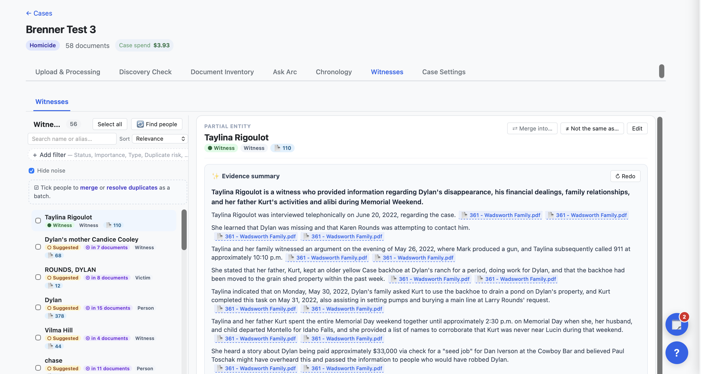 ChargeStack Arc — Witnesses tab: ranked roster of every person in the case with a selected witness's cited evidence summary and source-document links.